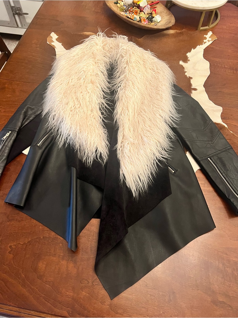 The Limited Black Faux Leather Jacket with Cream Faux Fur Collar